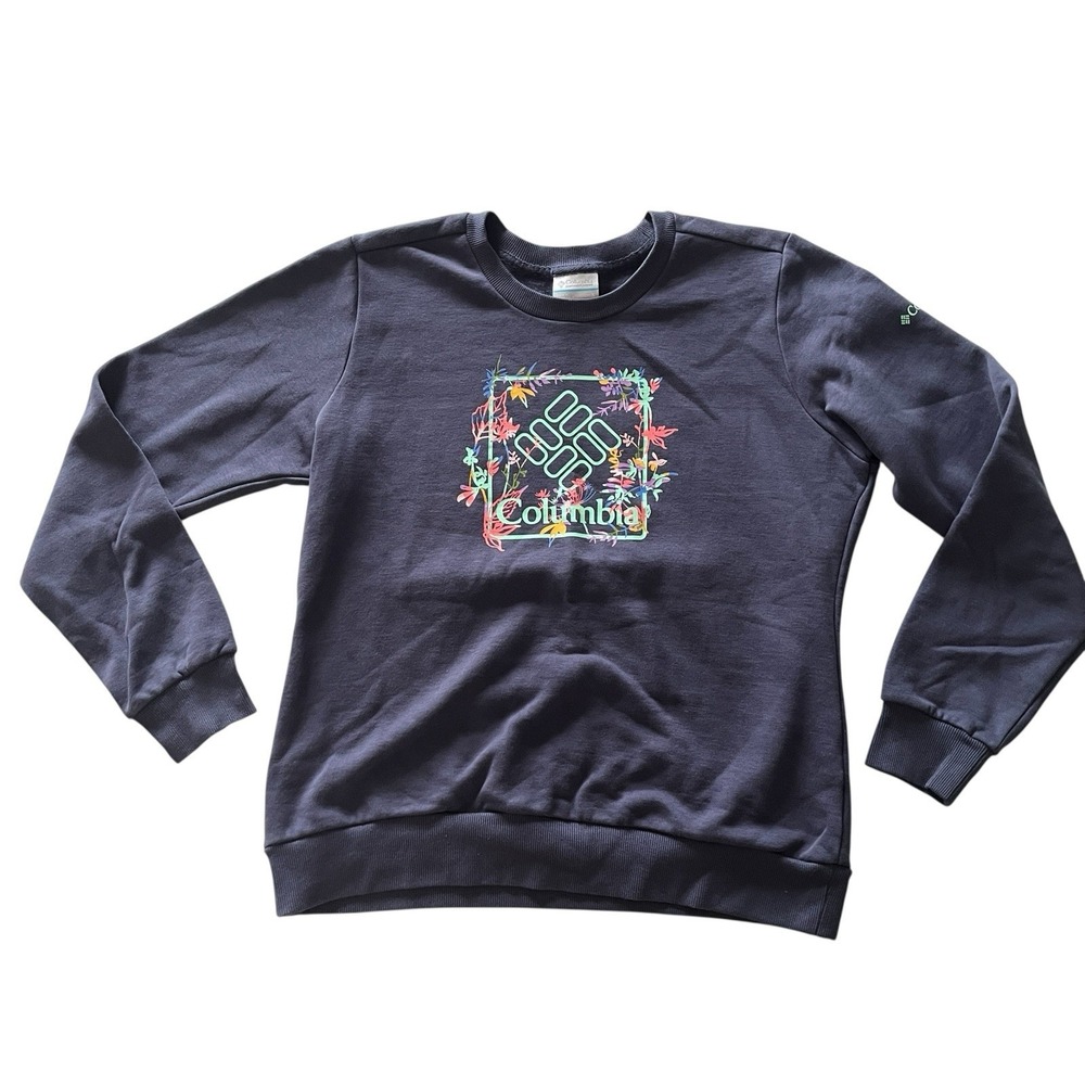 Columbia Women's Size S Crewneck Gray‎ Blue Sweatshirt Floral Logo Graphic Print